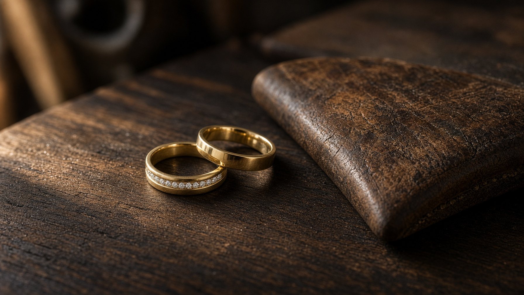 Handgeschmiedete Trauringe aus Gold auf der Werkbank